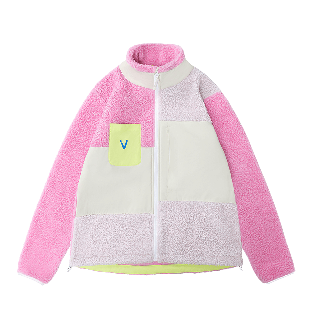 Unisex pink and white sherpa fleece jacket, loose fit with O-neck collar, perfect for autumn and winter outdoor activities like skiing.