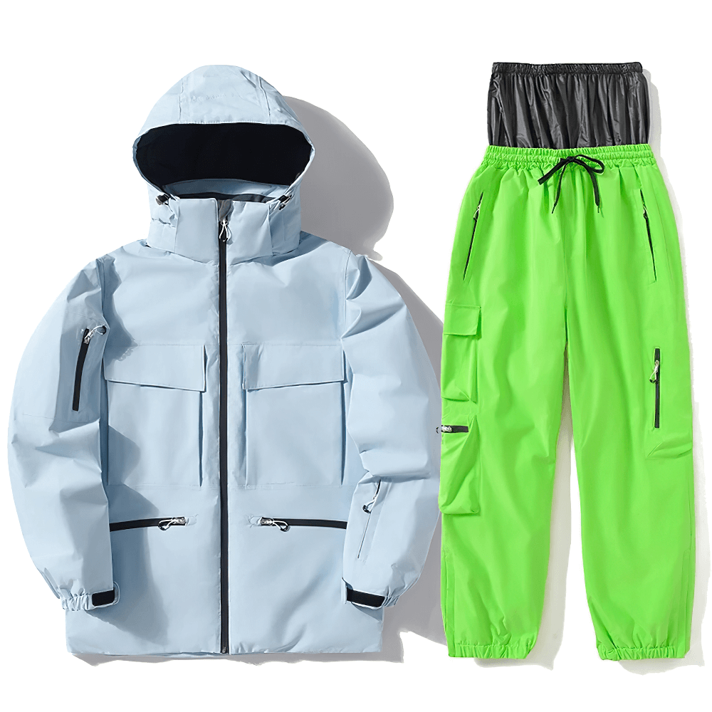 Unisex waterproof ski jacket and pants set in blue and green, perfect for skiing and snowboarding, model SF2558.