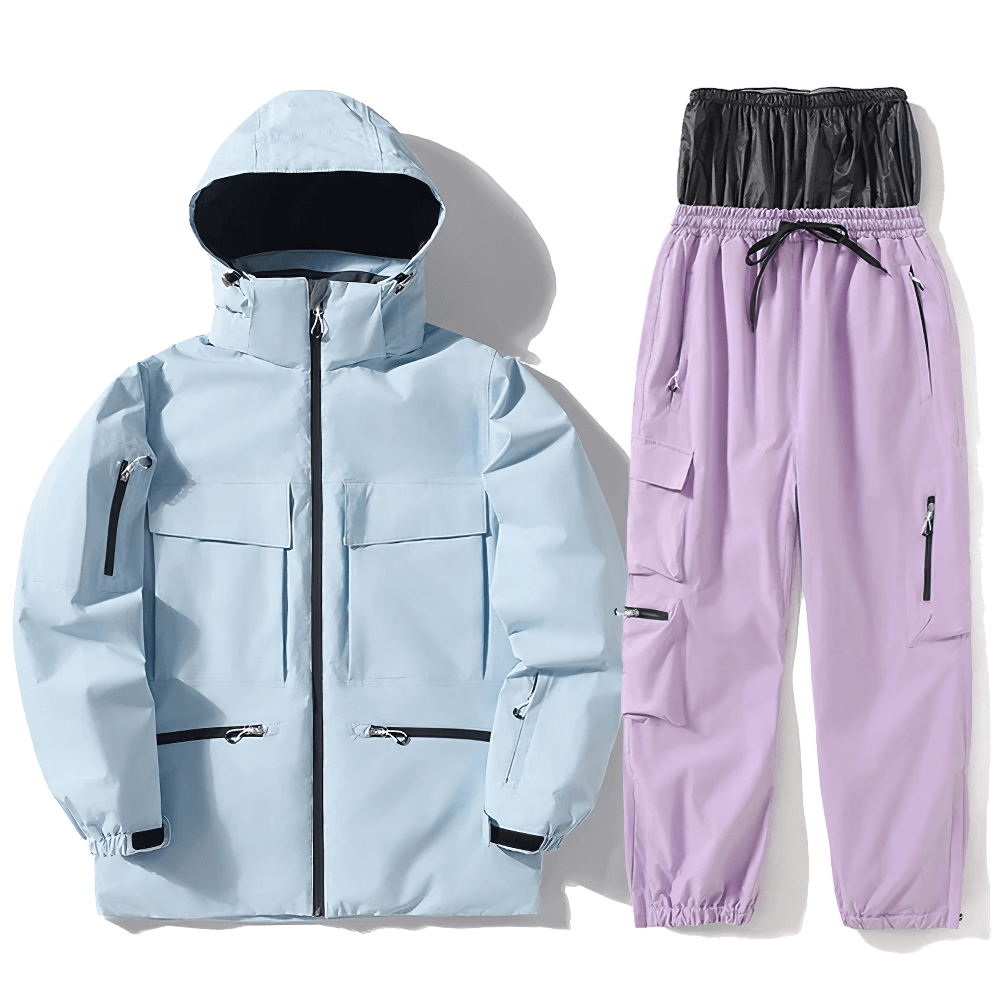 Light blue waterproof ski jacket and pink pants set, unisex snowboarding suit for men and women, durable and windproof gear.