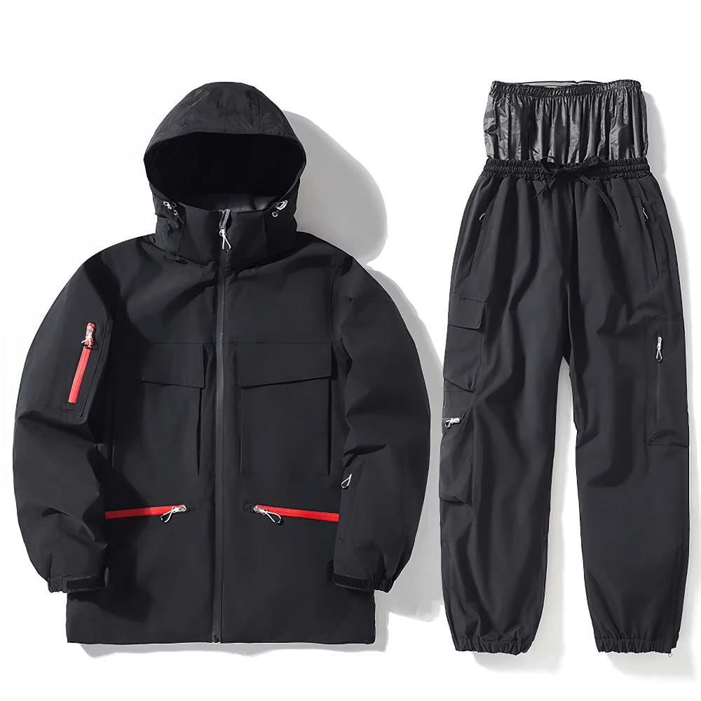 Unisex black waterproof ski jacket and pants set SF2558 for snowboarding and skiing.