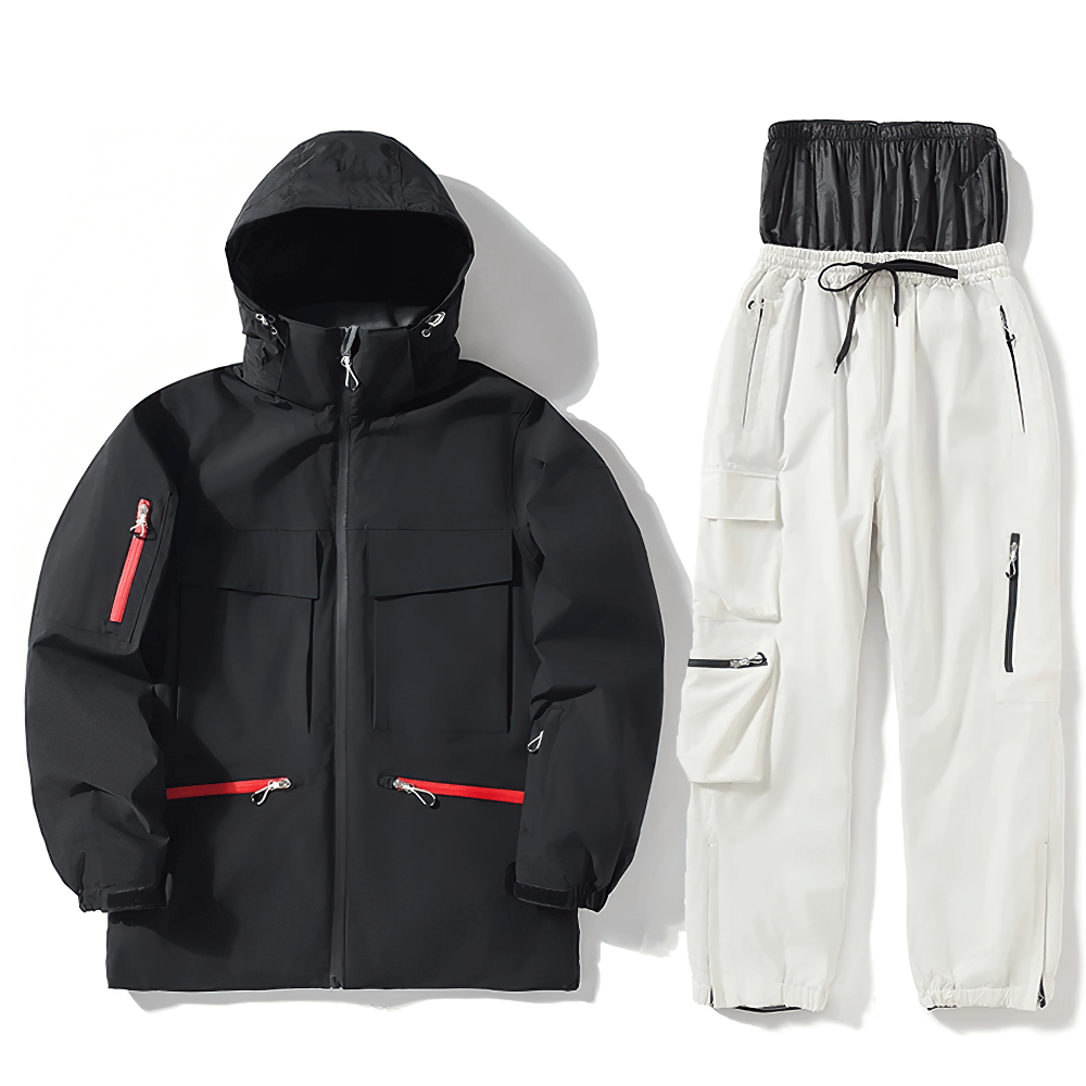 Stylish unisex waterproof ski jacket and pants set SF2558, ideal for skiing and snowboarding in winter, black and white design.