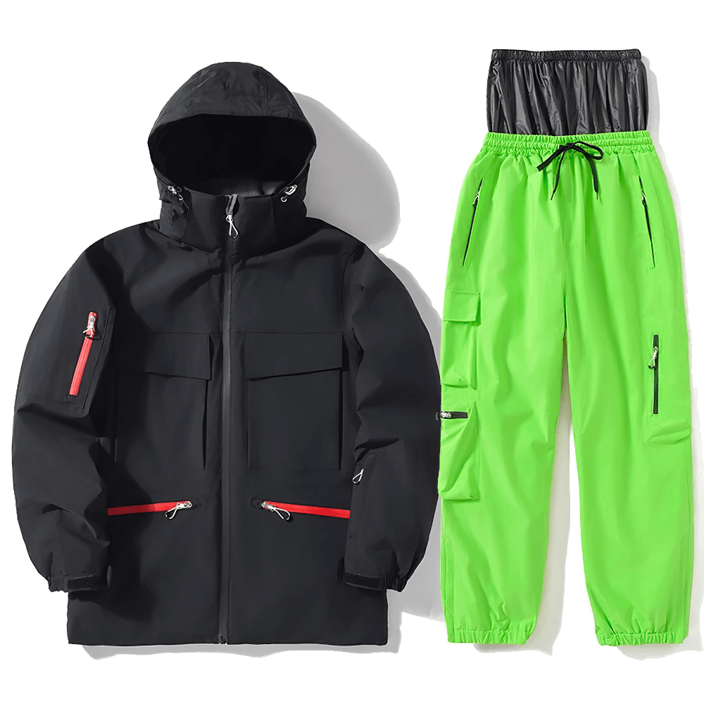 Unisex waterproof ski jacket and pants in black and neon green, ideal for skiing and snowboarding. Durable, breathable, windproof.