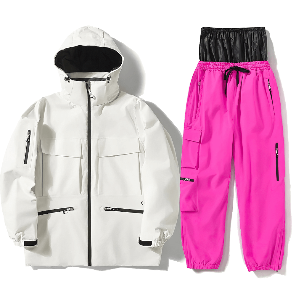 Stylish unisex waterproof ski jacket in white and pink snow pants set for skiing and snowboarding.