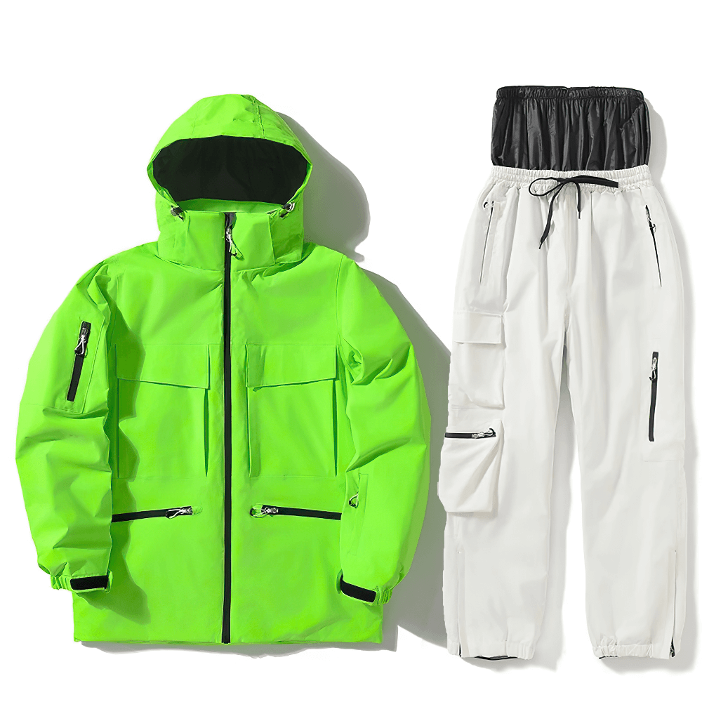 Stylish lime green waterproof ski jacket and white pants set, unisex snowboarding suit SF2558 for winter sports.