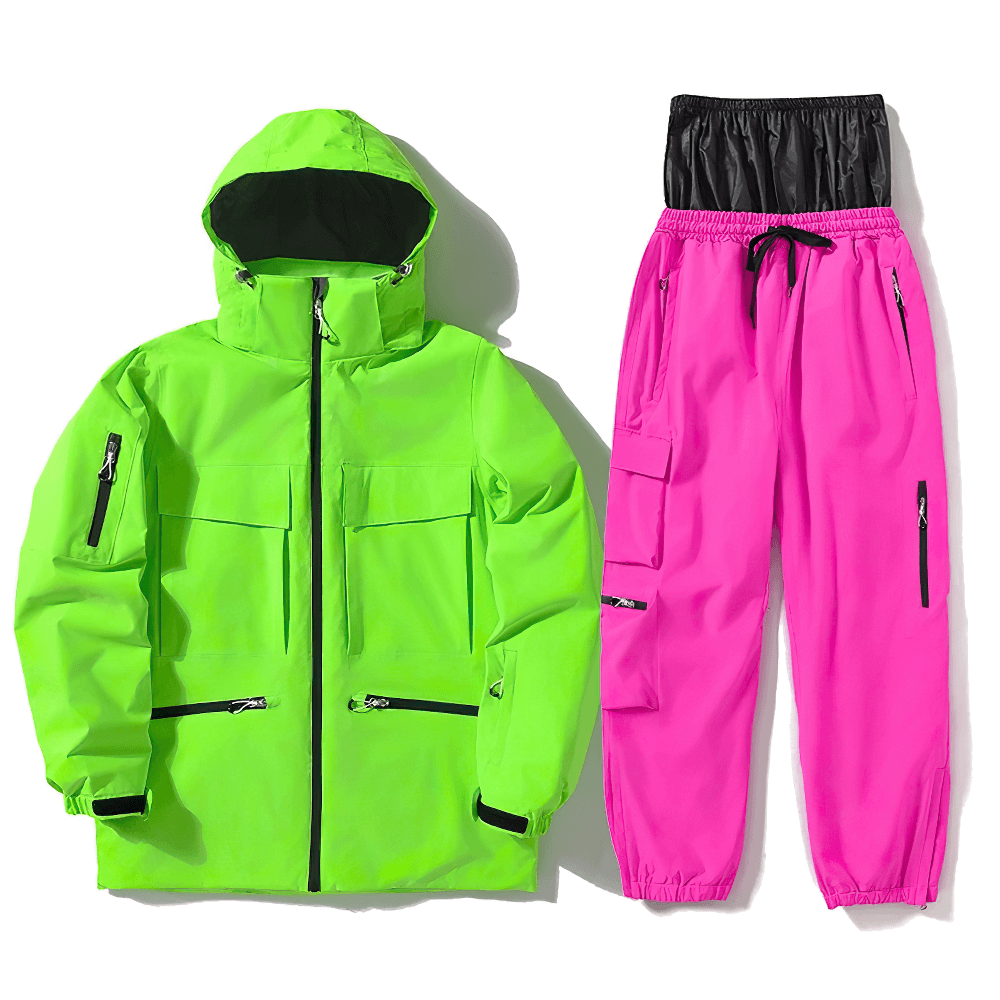 Bright green and pink unisex waterproof ski jacket and pants set for skiing and snowboarding, model SF2558, on a white background.