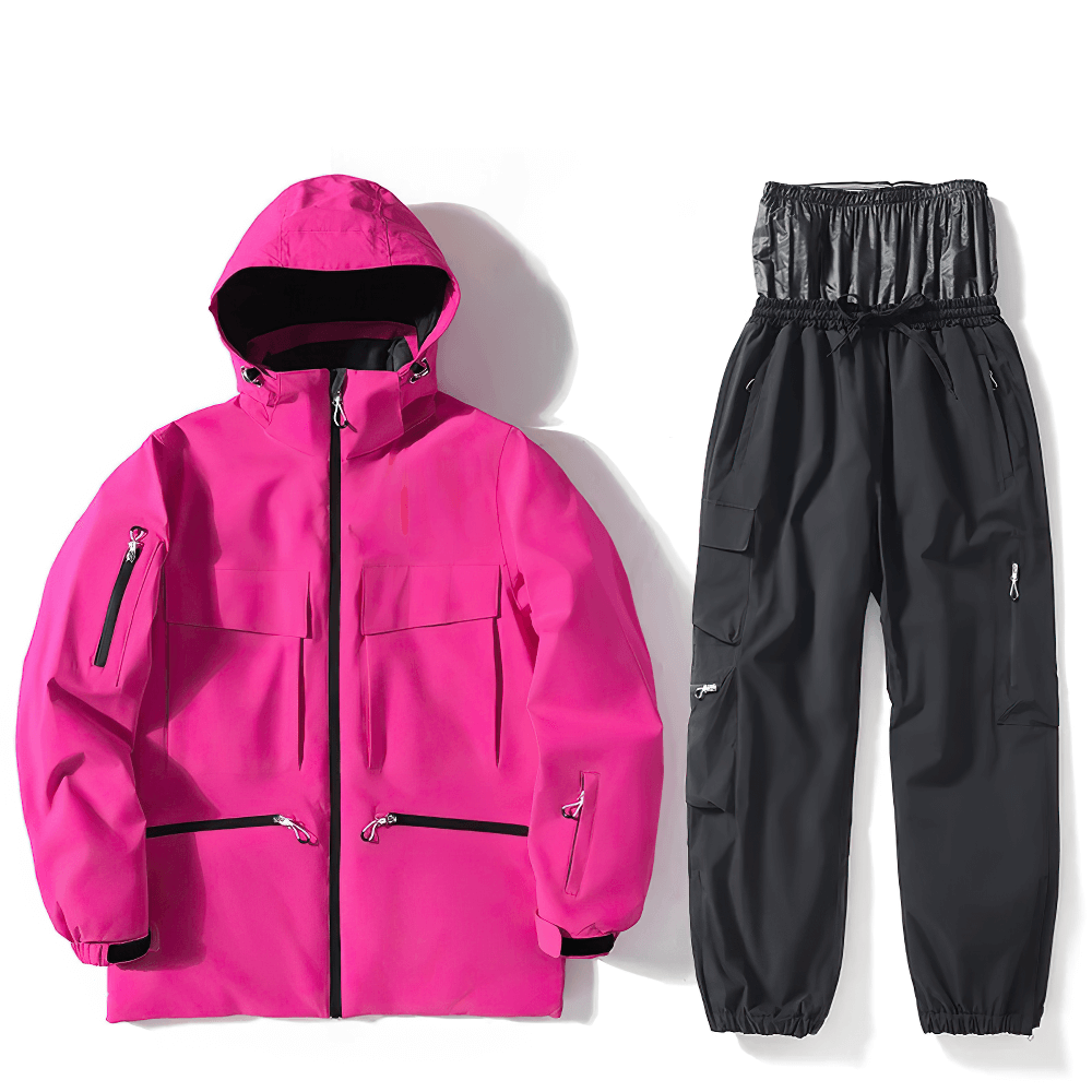 Stylish unisex waterproof ski jacket and pants set in pink and black for skiing and snowboarding adventures.