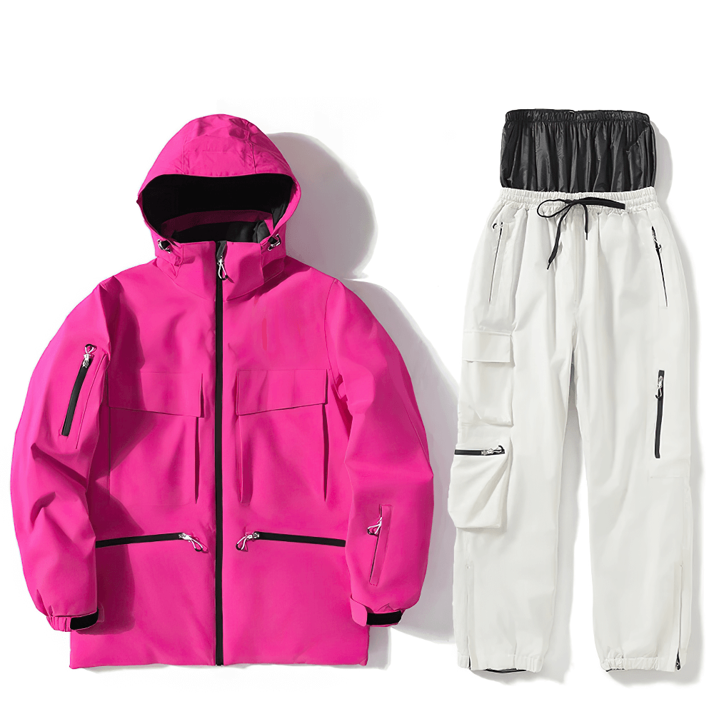 Stylish unisex waterproof ski jacket in pink with white snow pants, perfect for skiing and snowboarding. SF2558 series.