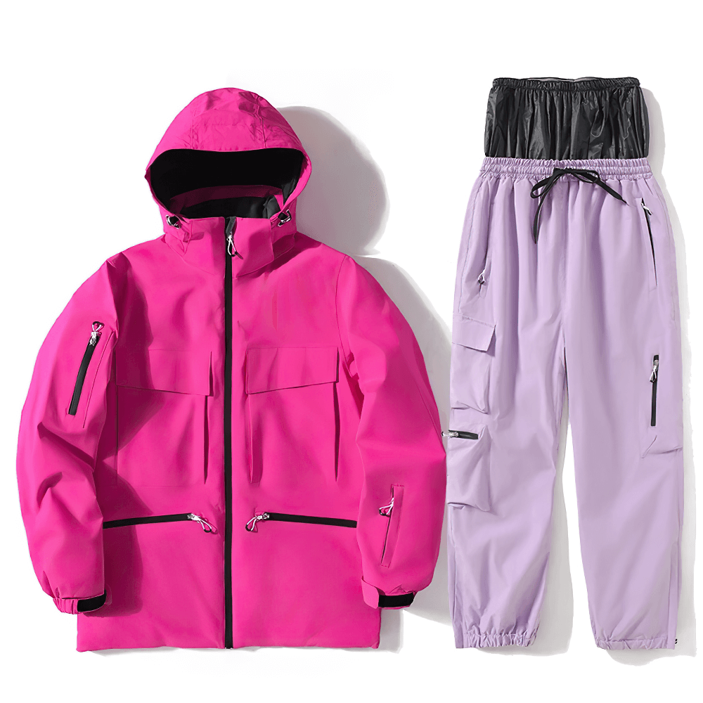 Stylish unisex waterproof ski jacket and pants set in pink and purple for skiing and snowboarding, model SF2558.