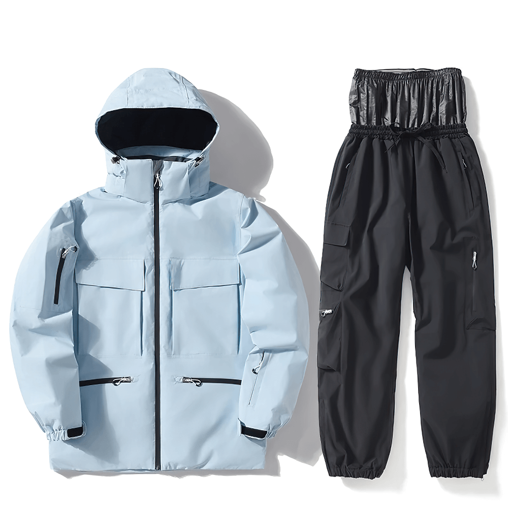 Stylish unisex waterproof ski jacket and pants set in blue and black, perfect for skiing and snowboarding, model SF2558.