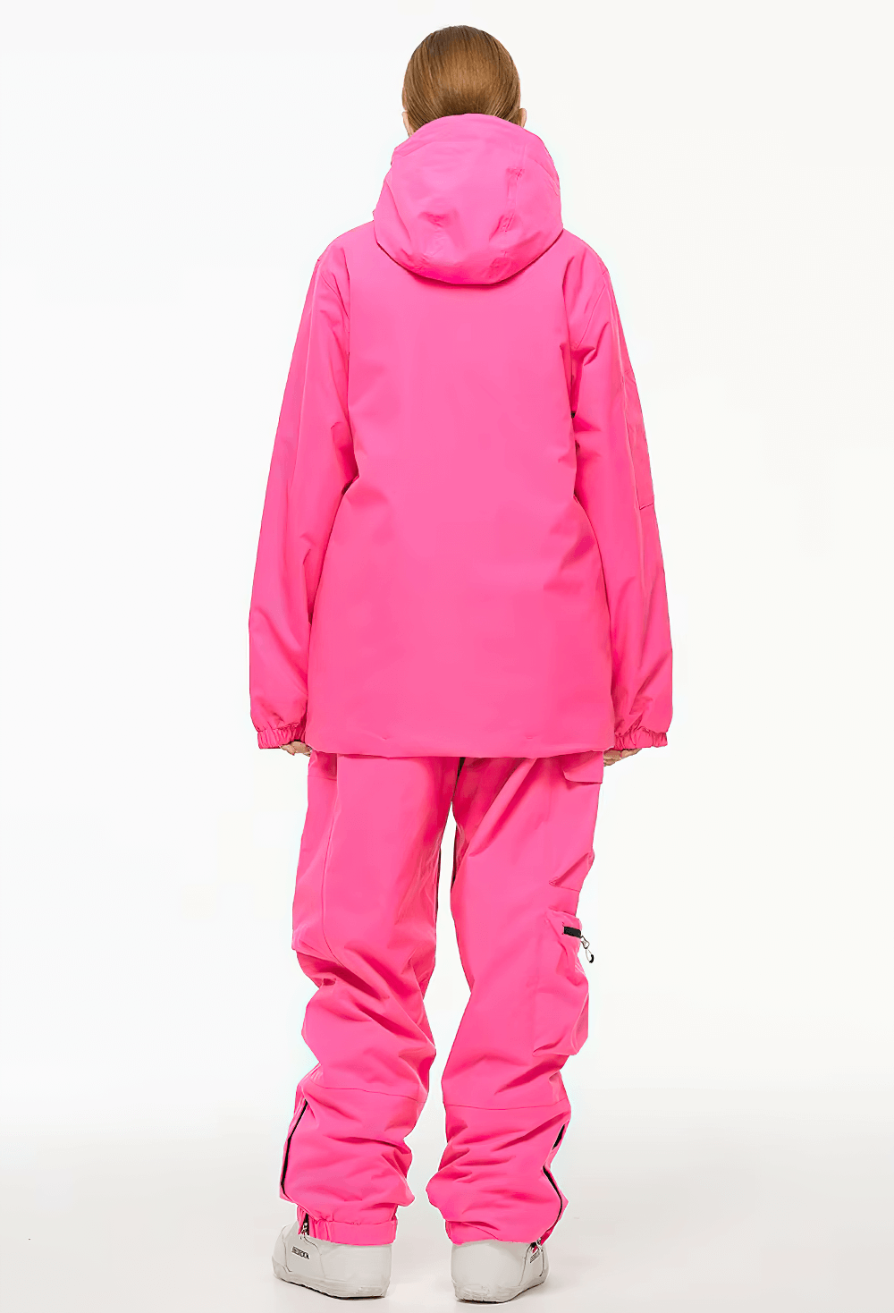 Unisex pink waterproof ski jacket and pants set for skiing and snowboarding, featuring durable and breathable polyester fabric.