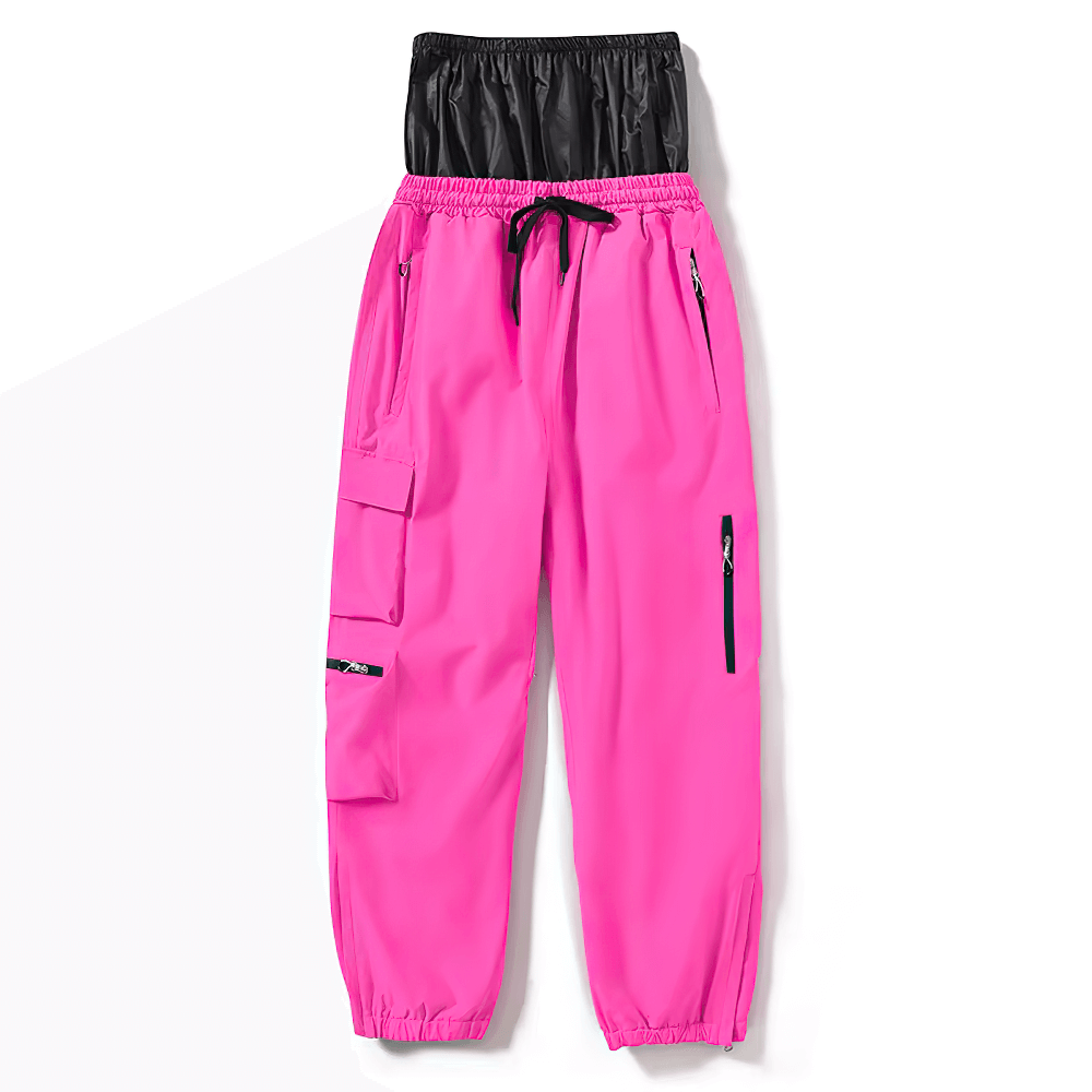 Vibrant pink waterproof ski pants with black waist, featuring multiple pockets for outdoor sports and winter activities.