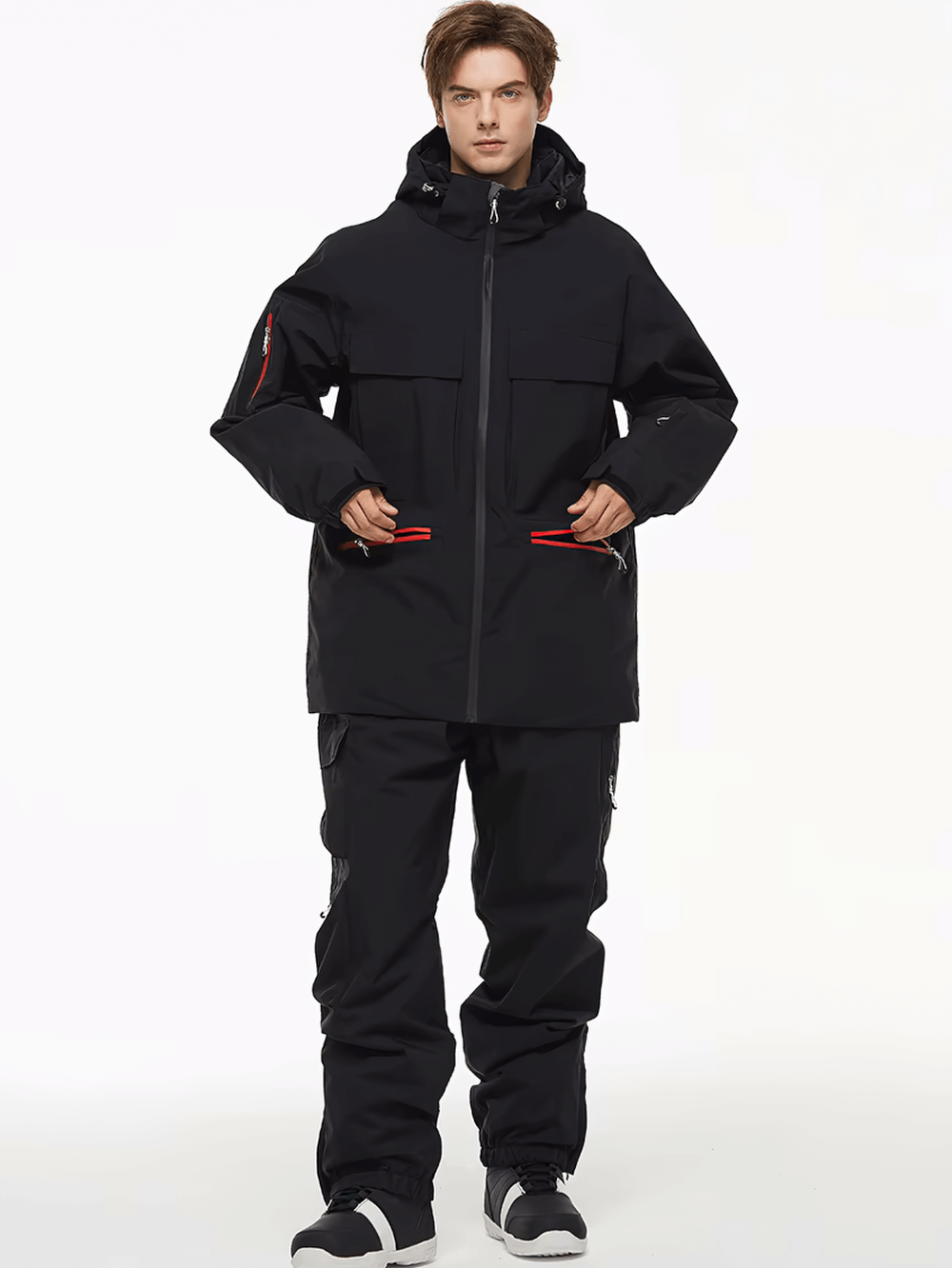 Unisex black waterproof ski jacket and pants set SF2558, durable and windproof for skiing or snowboarding, worn by a model.