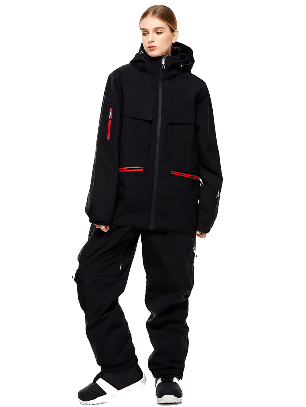 Person modeling stylish unisex waterproof ski jacket and pants set, black with red accents, perfect for snow sports.