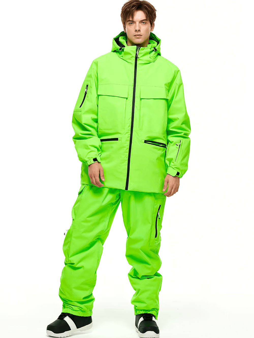 Unisex neon green waterproof ski jacket and pants set SF2558 for skiing and snowboarding