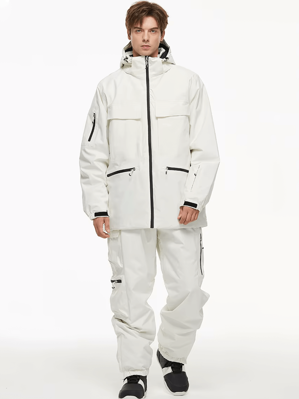 Unisex waterproof ski jacket and pants set SF2558 in white, ideal for skiing and snowboarding, providing full winter protection.