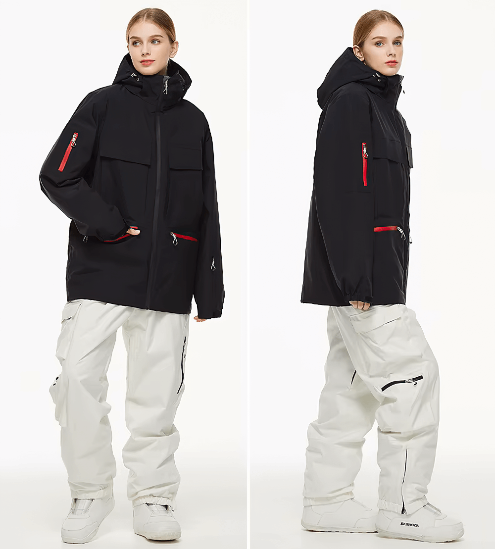 Stylish unisex waterproof ski jacket and pants set SF2558, perfect for skiing and snowboarding, shown on a model.