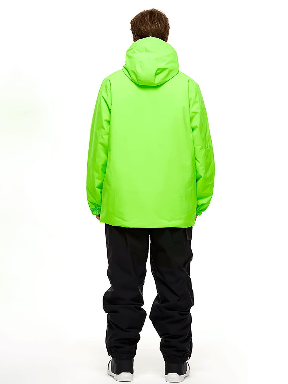 Person wearing a neon green waterproof ski jacket and black pants, part of the unisex SF2558 snowboarding suit set.