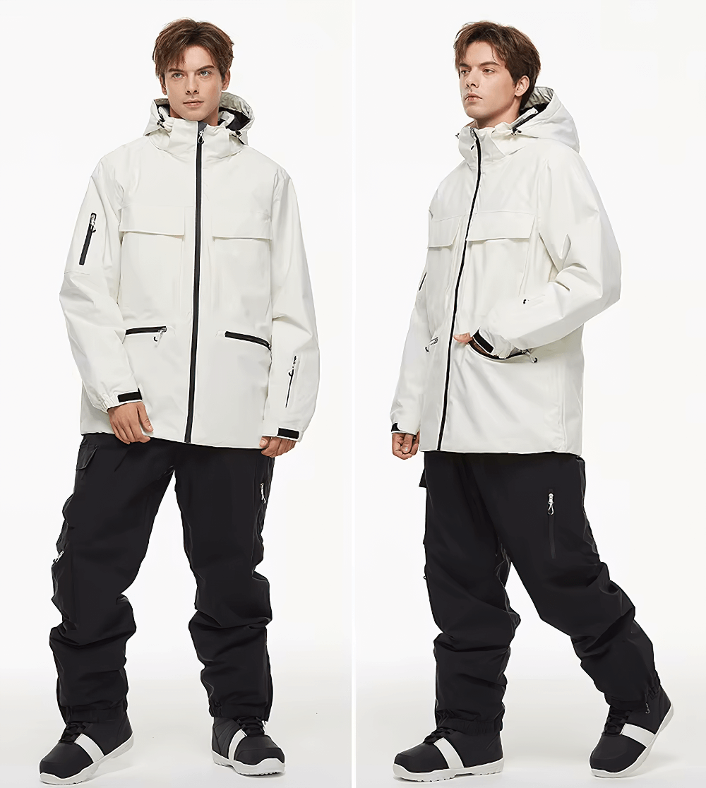 Unisex waterproof ski jacket and pants set in white and black, perfect for skiing and snowboarding in winter conditions.