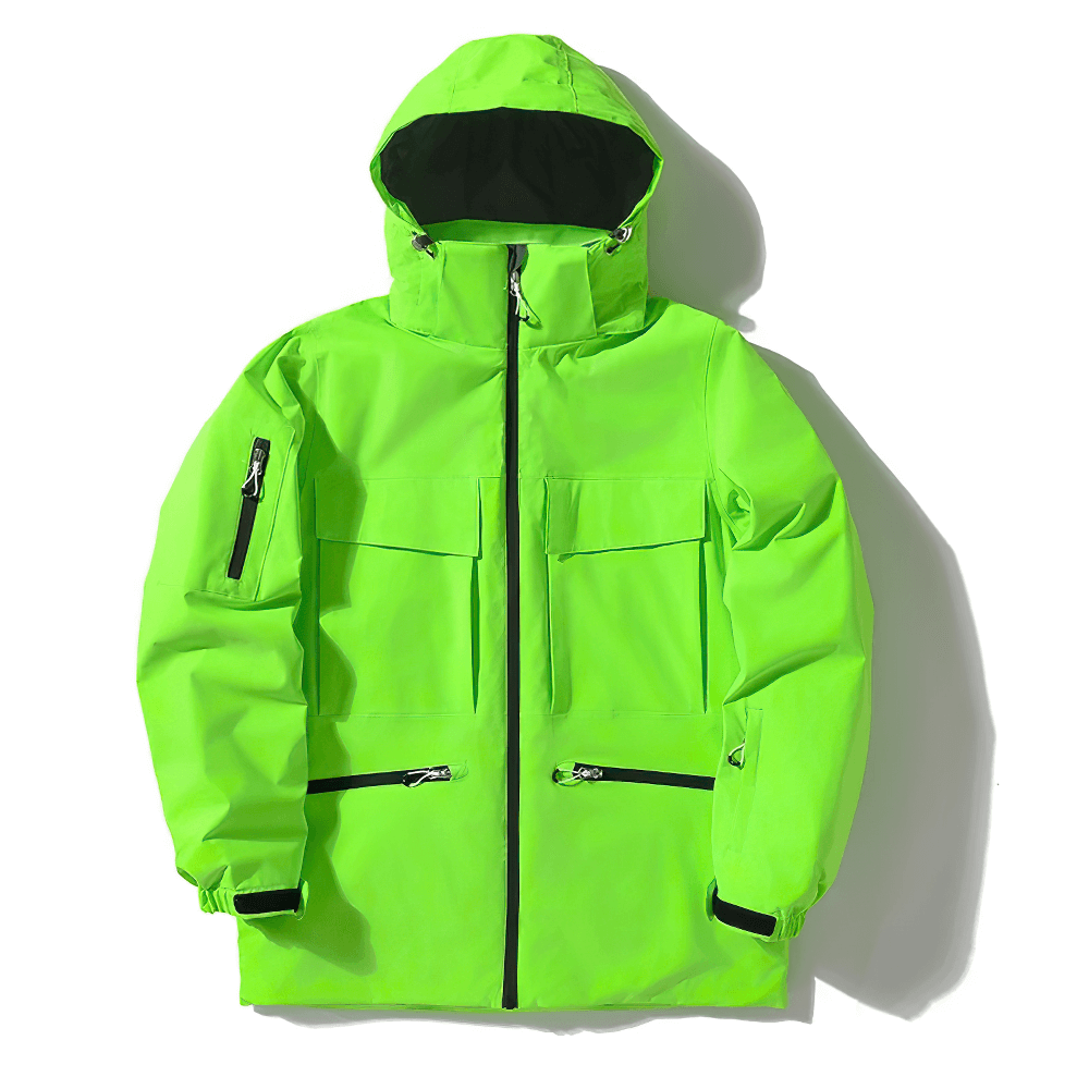 Bright green unisex waterproof ski jacket with hood, perfect for winter sports. Stylish, windproof design. Model SF2557.