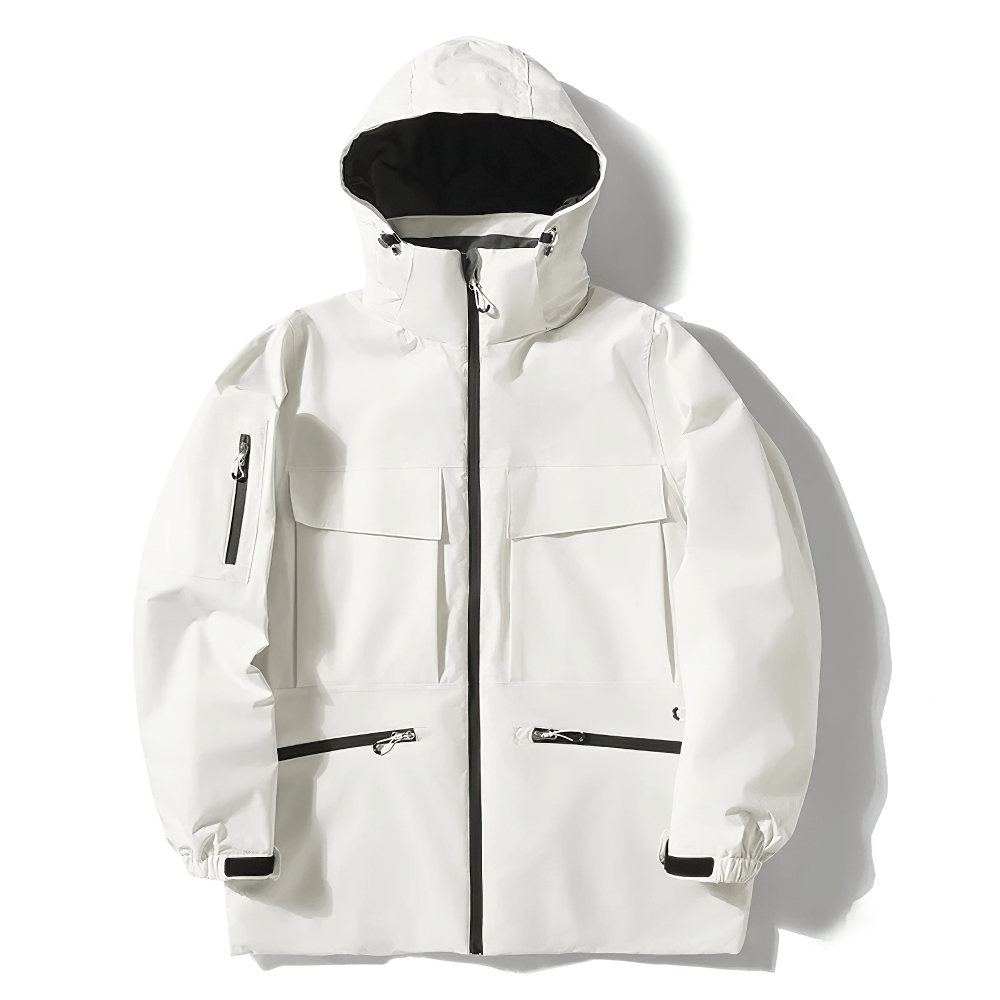 Unisex white waterproof ski jacket with hood, ideal for winter sports. Stylish and durable design for skiing and snowboarding.