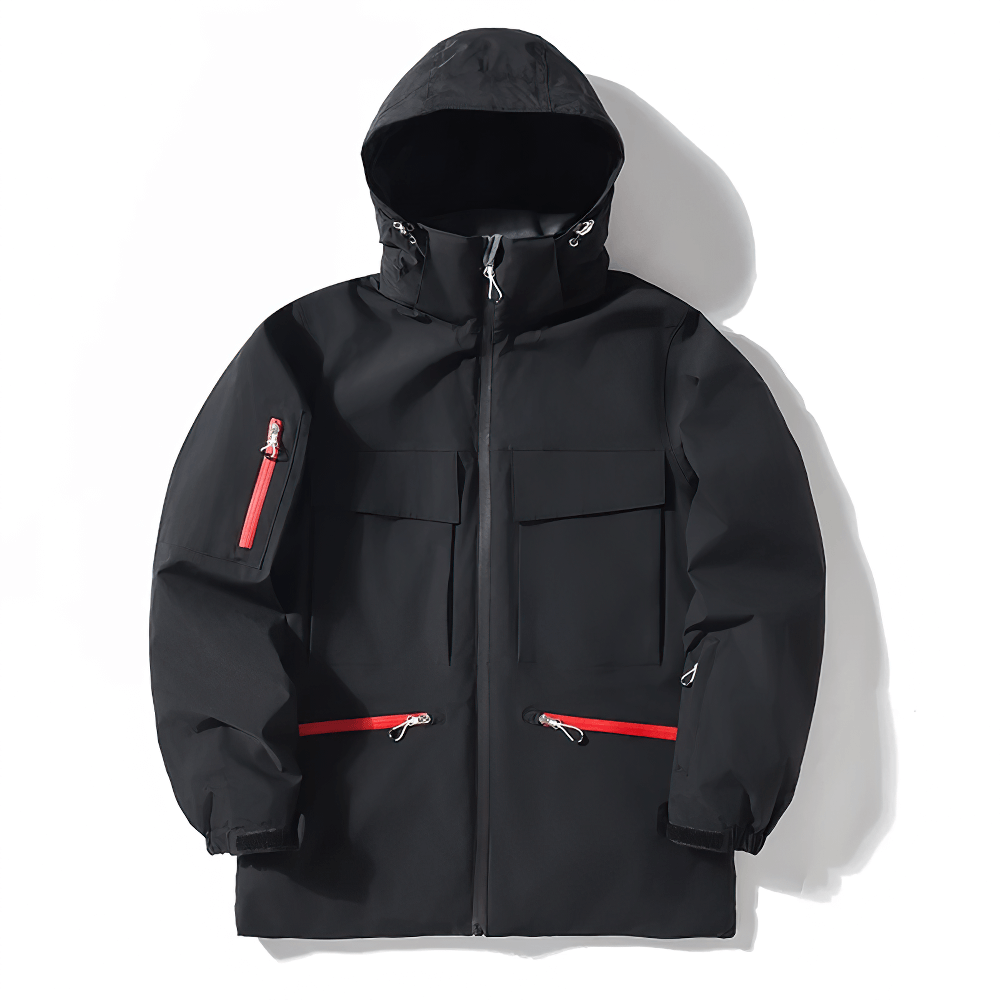 Sleek black unisex ski jacket with red accents, waterproof and windproof design, featuring a hood for winter sports protection, model SF2557.