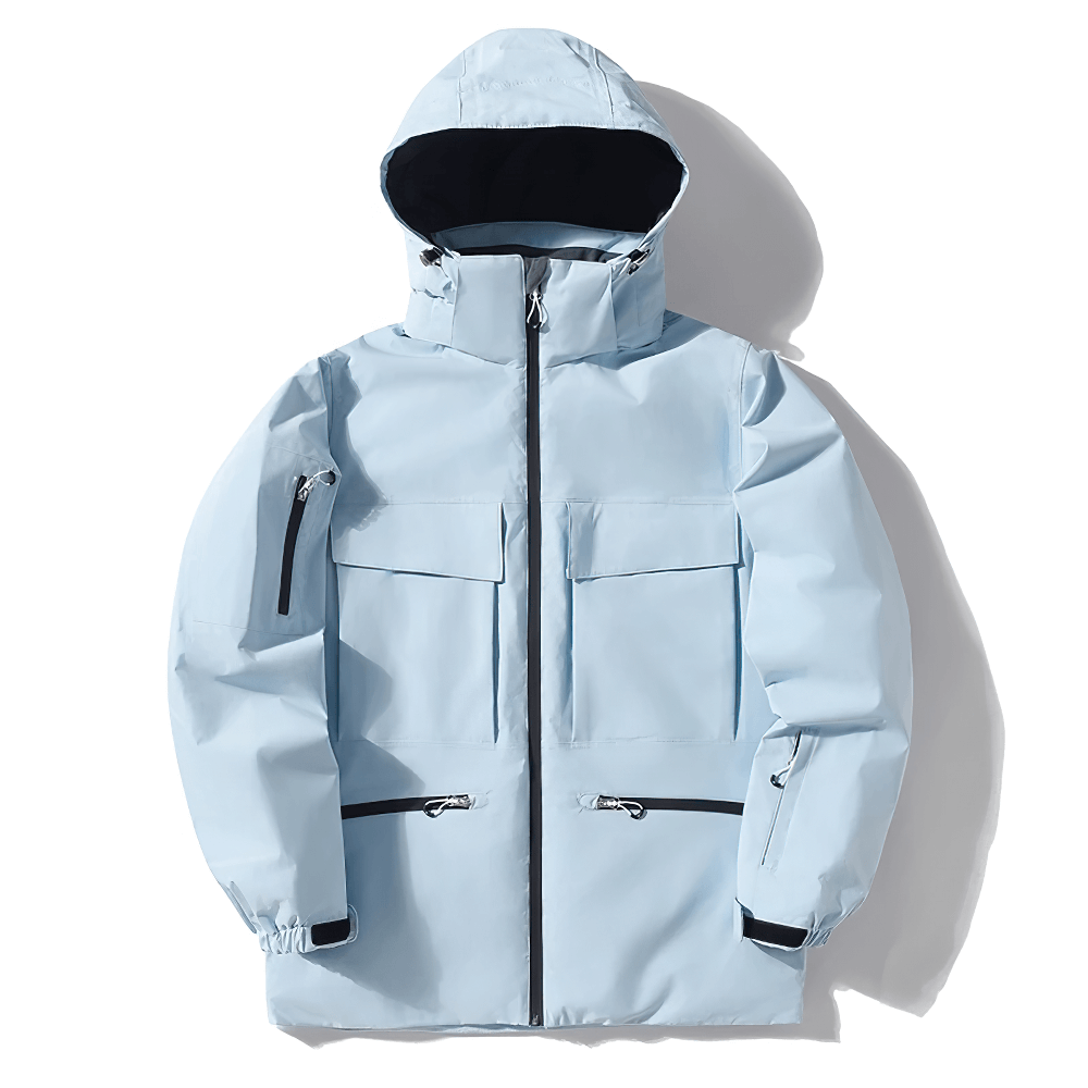 Light blue stylish unisex waterproof ski jacket with hood, windproof design, ideal for skiing and snowboarding, model SF2557.