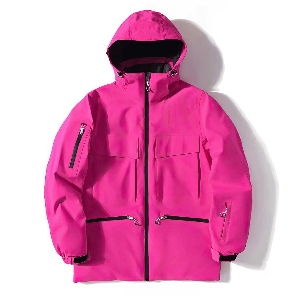 Unisex waterproof ski jacket with hood in vibrant pink, featuring a windproof design perfect for winter sports like skiing and snowboarding.