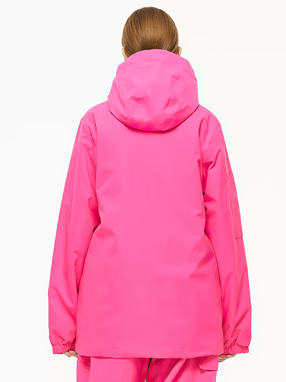 Back view of pink unisex waterproof ski jacket with hood, perfect for skiing and snowboarding, offering windproof functionality.