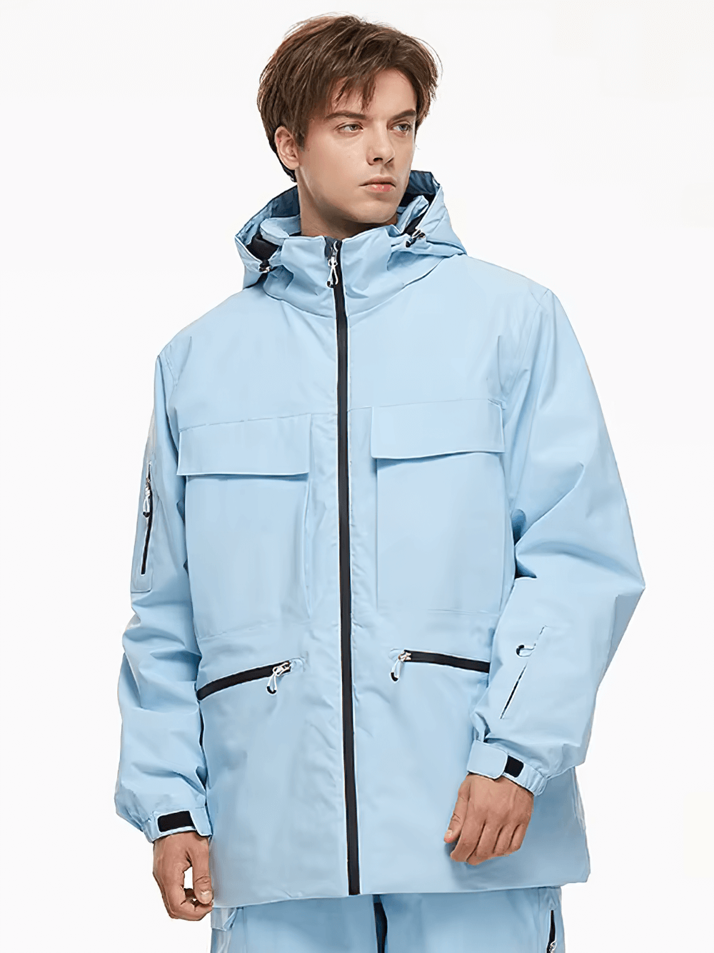 Stylish unisex waterproof ski jacket with hood in light blue, perfect for skiing and snowboarding. SF2557 windproof design.