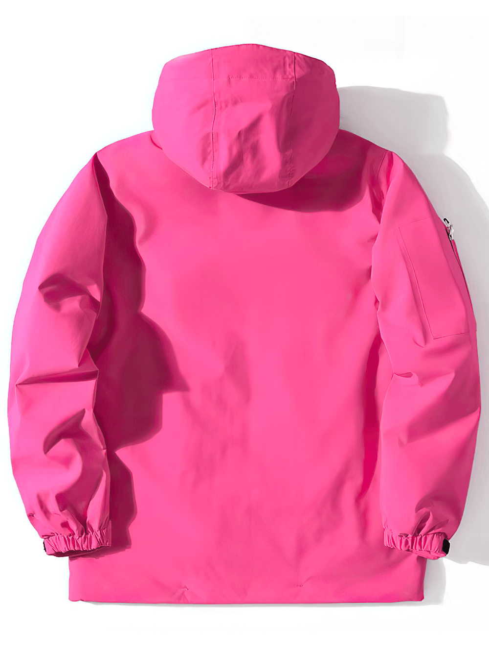 Pink unisex waterproof ski jacket with hood, showcasing back view. Ideal for winter sports like skiing and snowboarding. SF2557.