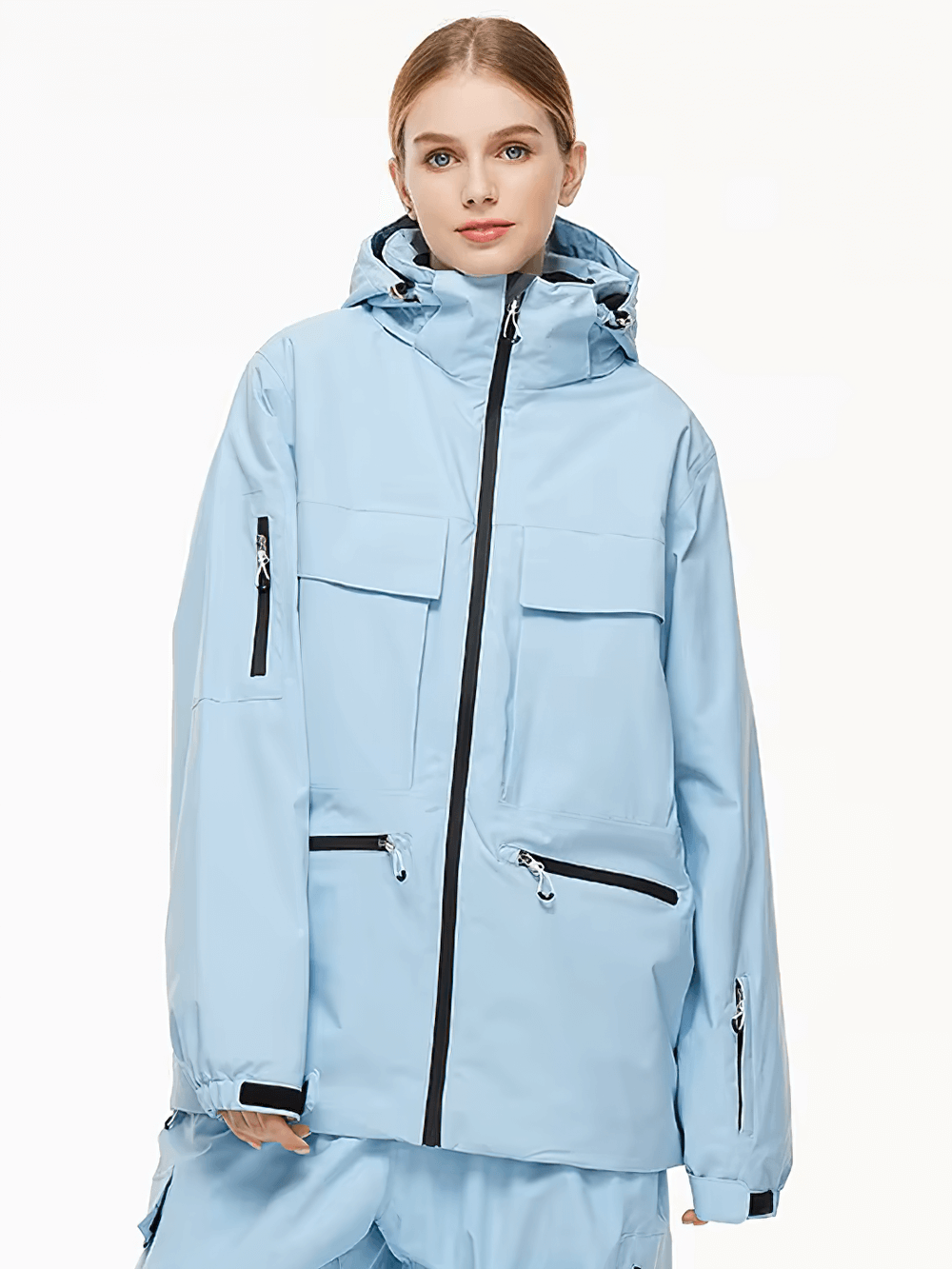 Unisex blue waterproof ski jacket with hood for winter sports, featuring windproof material and multiple pockets for skiing.