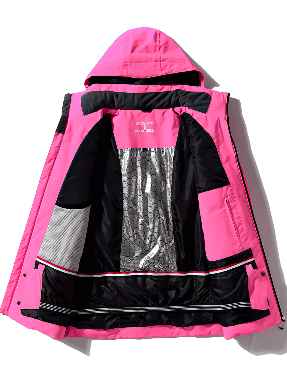 Unisex waterproof ski jacket in vibrant pink with hood, showcasing breathable lining and durable design for winter sports. SF2557 model.