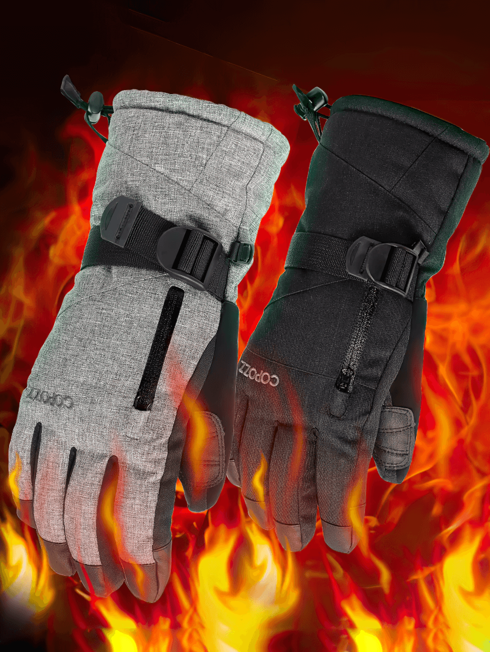 Unisex Stylish Waterproof Insulated Ski Gloves SF2550 with fire background, highlighting warmth and durability for winter sports.