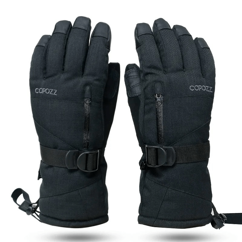 Stylish black waterproof insulated ski gloves SF2550 with touchscreen function, designed for warmth in -20° winter sports.