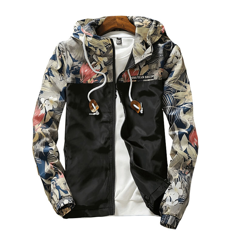 Stylish floral print women's windbreaker with hood, full zipper, turn-down collar, and pockets, style SF1477, windproof and chic.