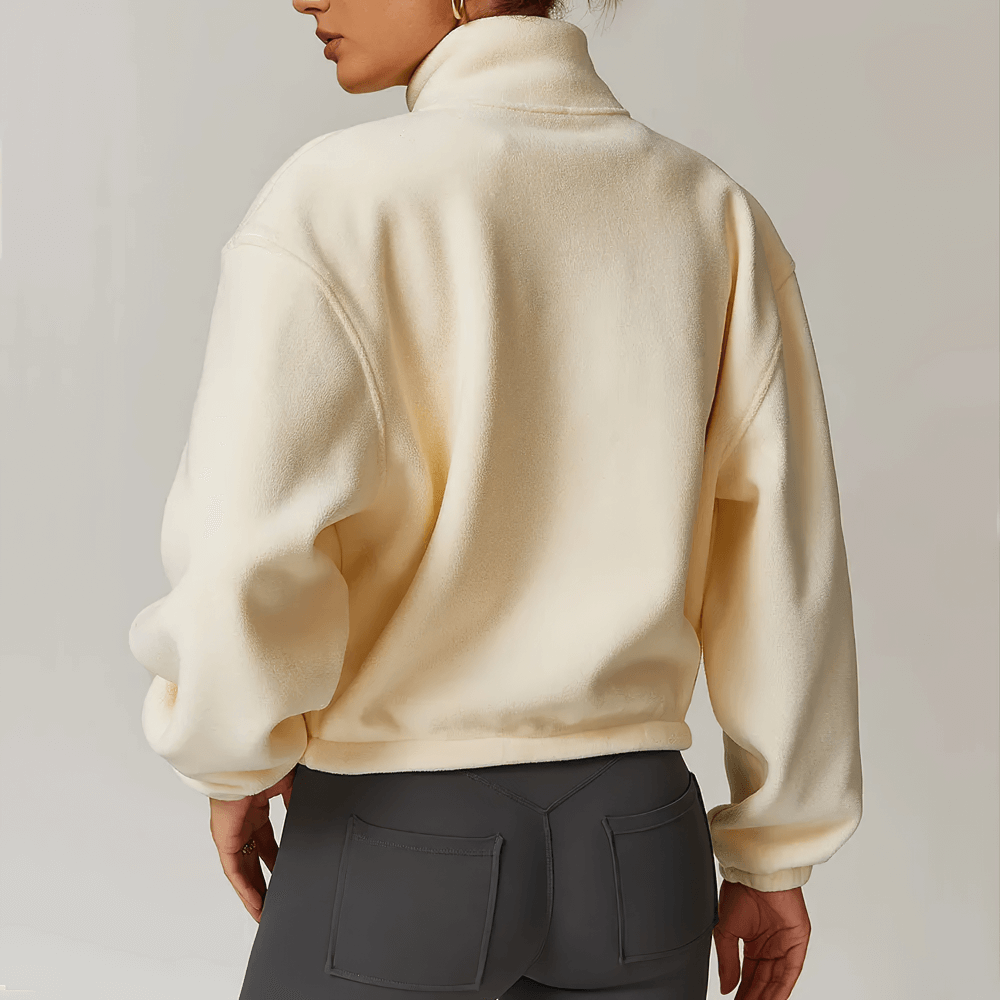 Back view of stylish women's cream lamb fleece jacket SF2344 with full sleeves, perfect for running and outdoor activities.