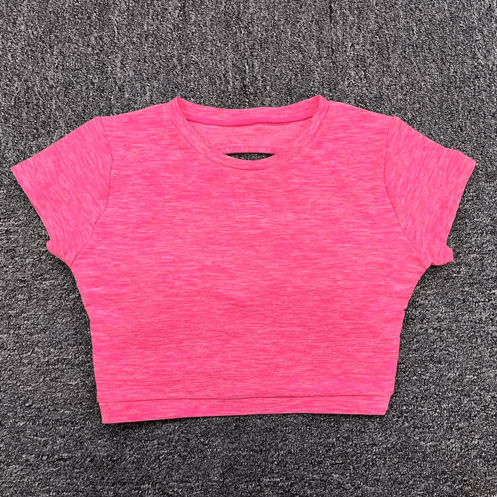 Stylish pink backless women's yoga t-shirt with short sleeves, perfect for fitness and activewear, featuring quick-dry fabric.