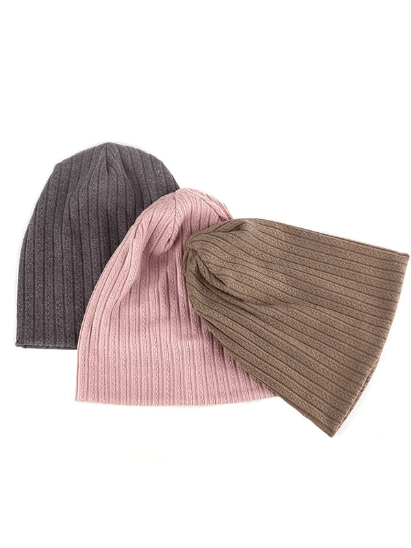 Stylish women's decorative pattern soft beanies in pink, brown, and gray, perfect for casualwear, made of cotton-polyester blend.