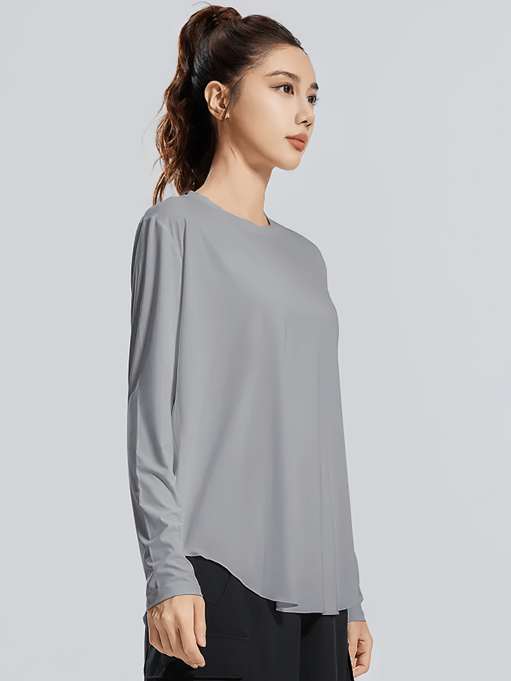 Stylish Womens Long Sleeve Top for Fitness - SF4133 model wearing gray yoga top, perfect for workouts and active lifestyle.