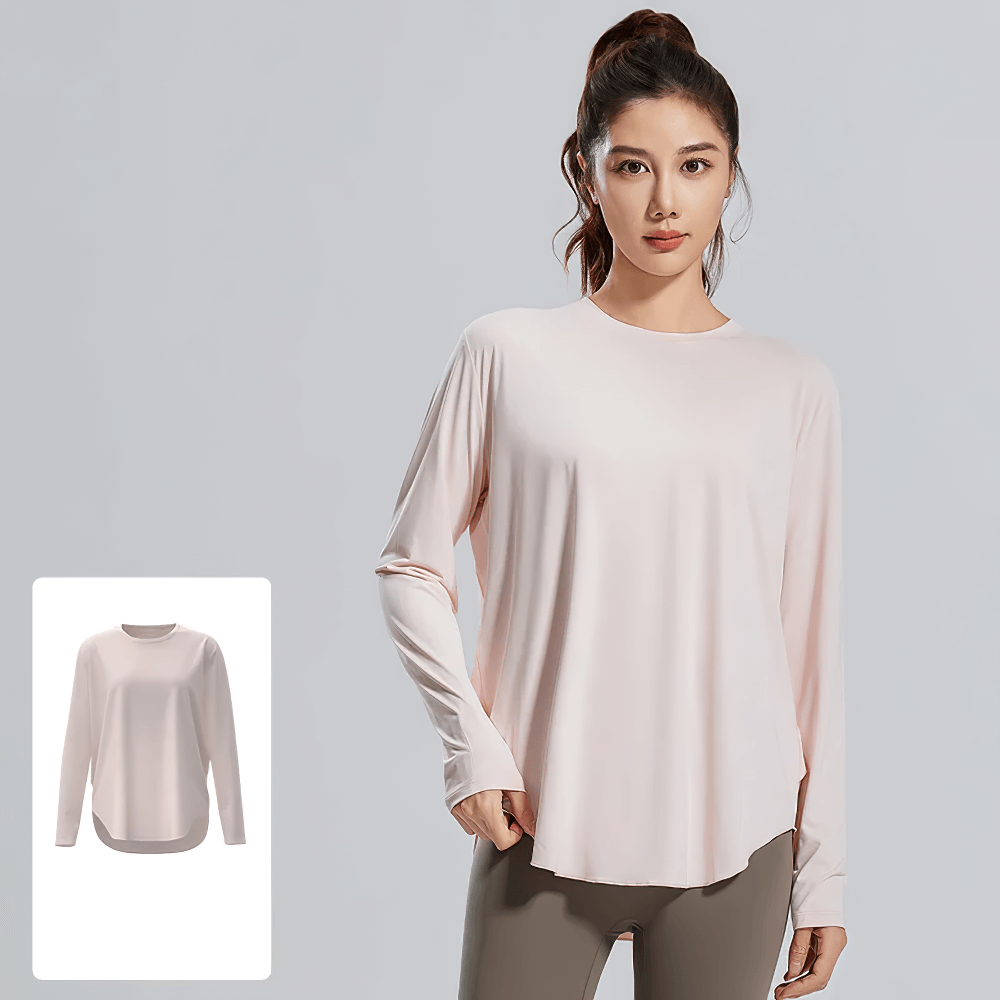 Stylish Womens Long Sleeve Top for Fitness - SF4133 modeled on woman, featuring breathable polyester and quick-dry properties, perfect for yoga.