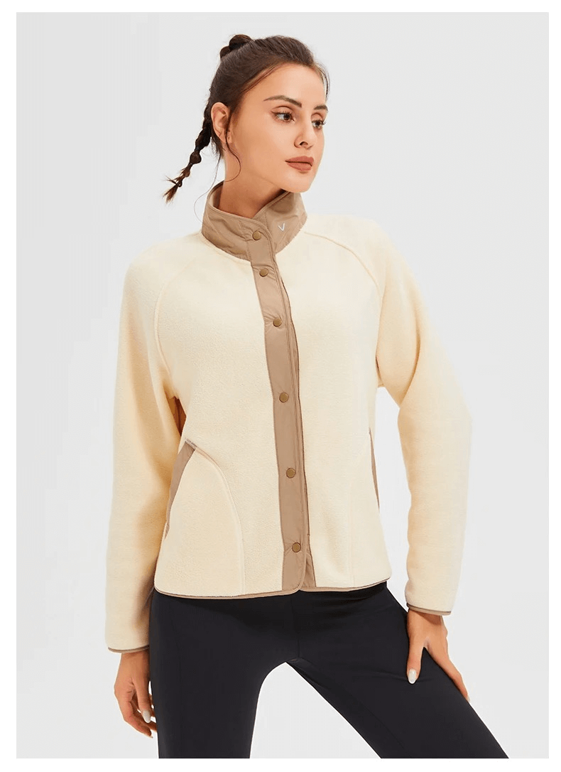 Woman wearing a stylish wool sports jacket with mandarin collar, perfect for windproof winter running, SF2009