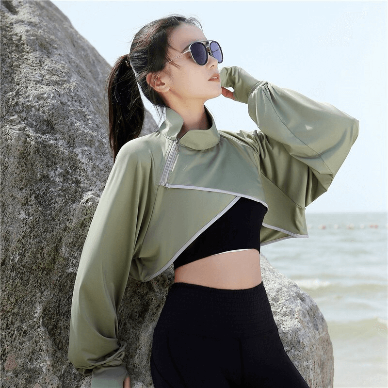 Asymmetrische, kurz geschnittene Damenjacke mit Sonnenschutz und weiten Ärmeln – SF1436 