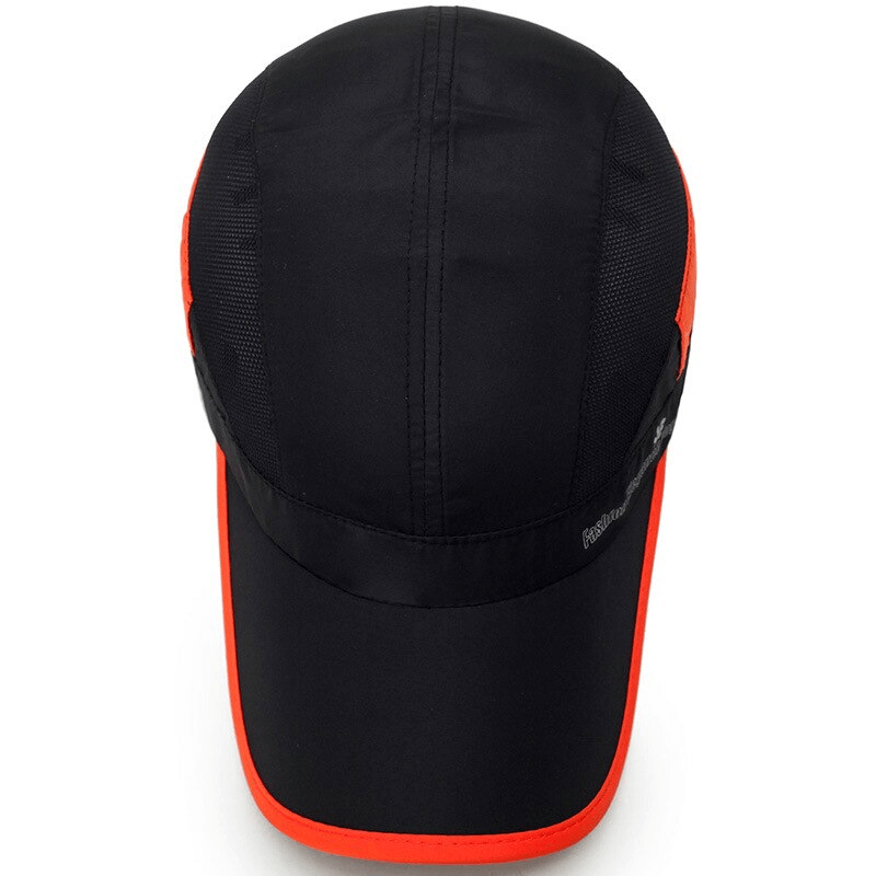 Unisex breathable black baseball cap with orange trim, offers adjustable fit and 50+ UPF sun protection. Ideal for outdoor activities.