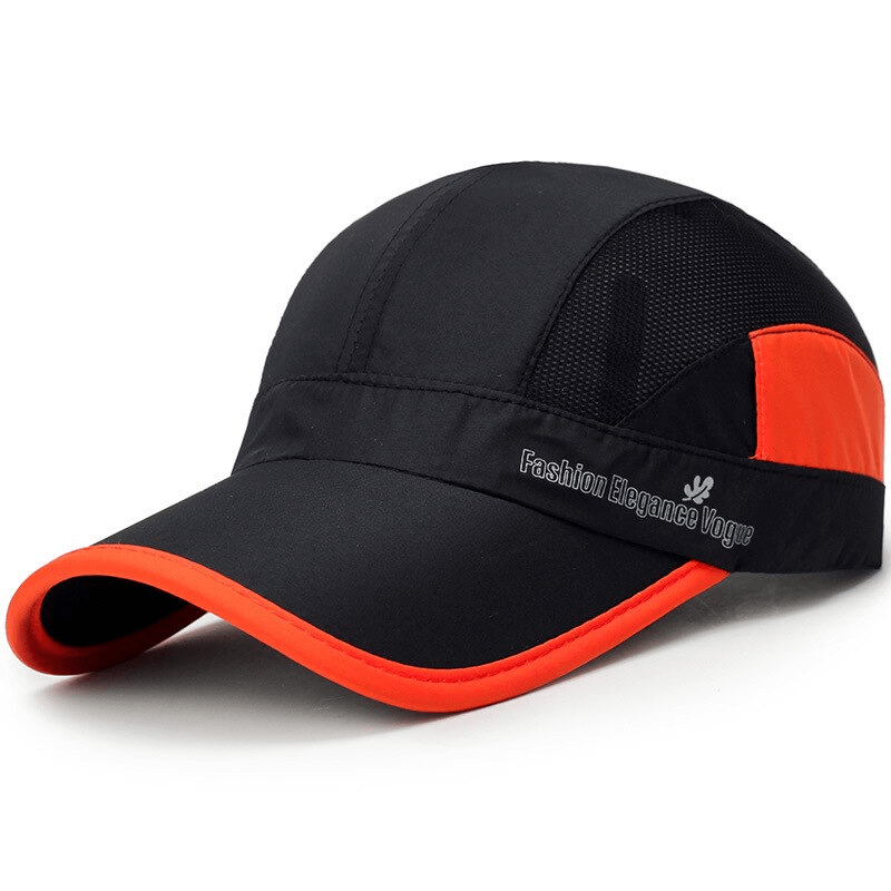 Unisex black and orange baseball cap with sun protection, breathable mesh, and adjustable strap for outdoor enthusiasts, SF1381.