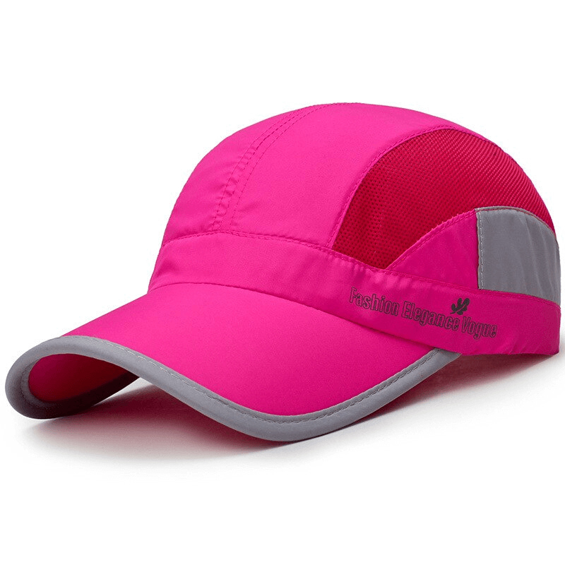 Bright pink unisex baseball cap with adjustable strap, breathable mesh, and UPF 50+ sun protection. Perfect for outdoor enthusiasts.