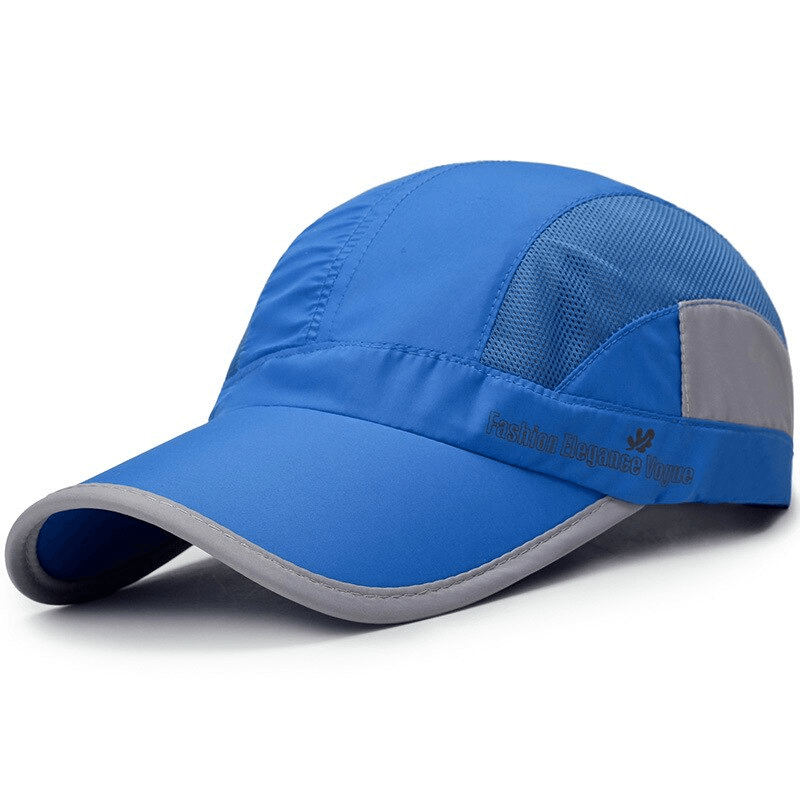 Blue unisex baseball cap with breathable mesh panels, adjustable strap, offering 50+ UPF sun protection, perfect for outdoor activities.