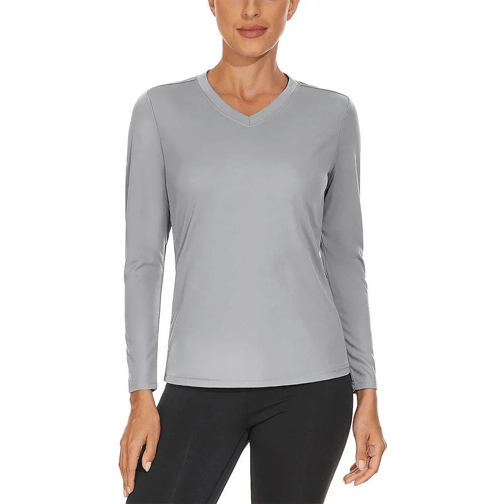 Sun-protective women's V-neck sports top with long sleeves in gray, breathable polyester, UPF 50+ for hiking and camping.