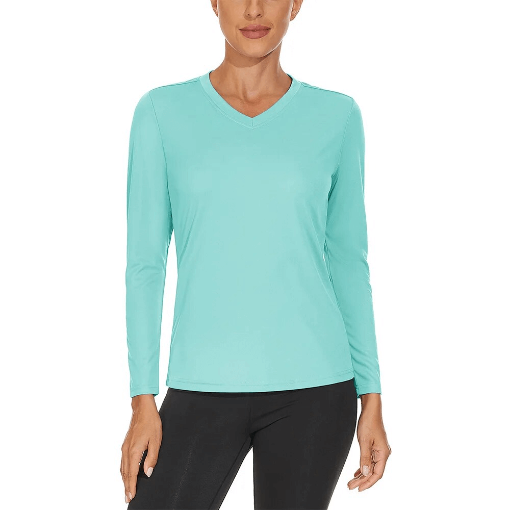 Sun-protective women's long sleeve sports top in aqua, featuring UPF 50+ protection, breathable and quick-dry polyester, ideal for hiking.