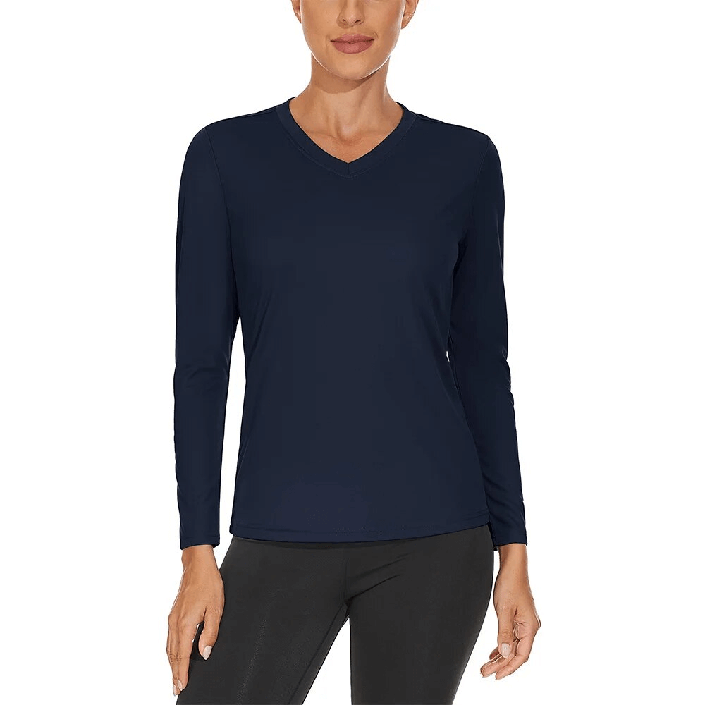 Sun-protective women's top with long sleeves in navy, V-neck, breathable polyester, UPF 50+, ideal for hiking and camping.