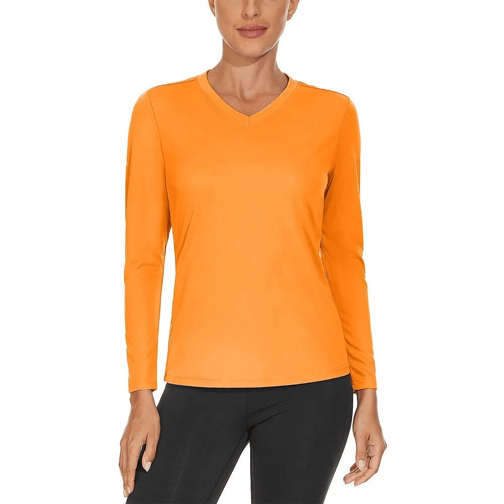 Sun-protective sports women's orange top, long sleeves, V-neck; ideal for camping, hiking; breathable, quick-dry polyester.
